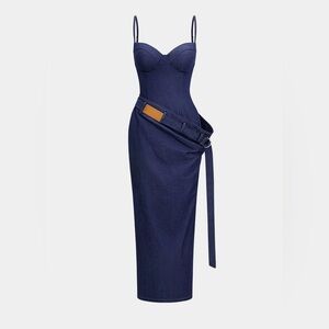 Denim Asymmetrical Ruched Bustier Belted Zipper Maxi Dress